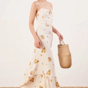 REFORMATION Ivory Yellow Frankfort Floral Print Prairie Ruffle Maxi Dress